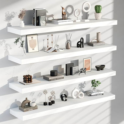 Floating Shelves for Wall, 60 Inch Extra Long White Wall Shelves, Set of 4, Hanging Invisible Brackets Floating Shelves for Living Room,Bedroom,and Kitchen