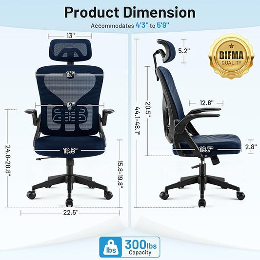 Office Chair Ergonomic Desk Chair with Adjustable Headrest Lumbar Support, High Back Breathable Mesh Chair with 120° Tilt & Flip-Up Armrests, Swivel Comfy Task Computer Chair for Work, Study
