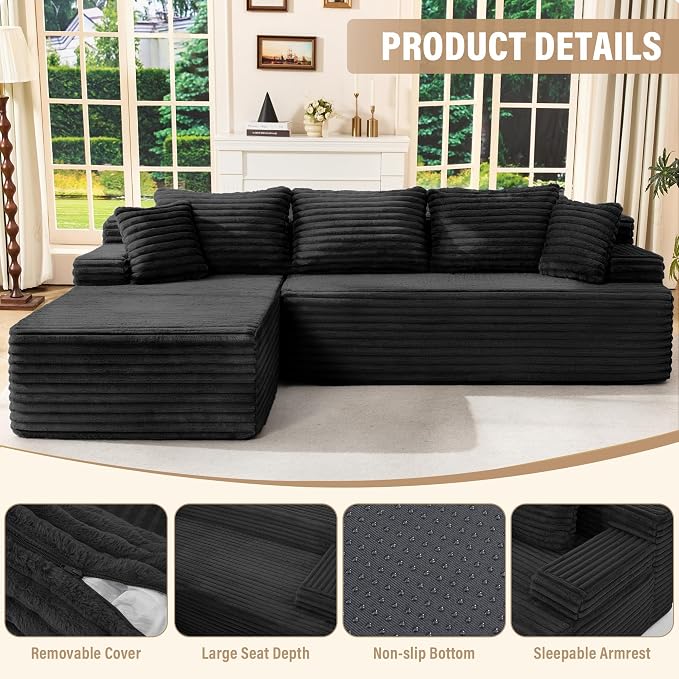Hobestluk Boneless Couch Modular Sectional Sofa L-Shape Oversized Chaise | 108" Left Facing Chaise Charcoal,Memory Foam,Removable Cover,Non-slip Bottom,No Assemble Required,Living Room Furniture