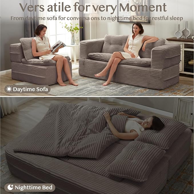 80'' Futon Sofa Bed, King Size Foldable Sleeper Sofa, Corduroy Boneless Loveseat Couch with Chaise Lounge, 3 Pillows, Blanket, Upholstered Sectional Couches for Living Room, Bedroom, Coffee