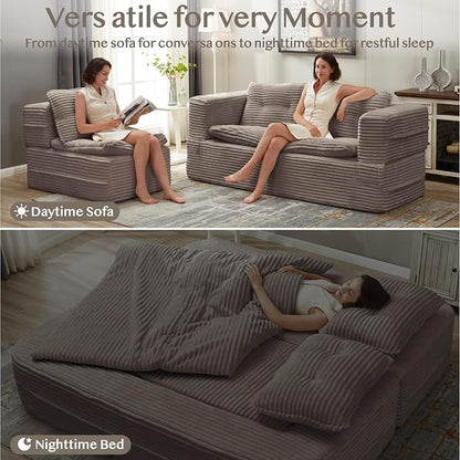 80'' Futon Sofa Bed, King Size Foldable Sleeper Sofa, Corduroy Boneless Loveseat Couch with Chaise Lounge, 3 Pillows, Blanket, Upholstered Sectional Couches for Living Room, Bedroom, Coffee