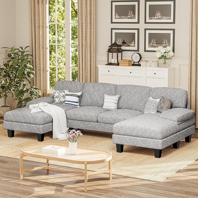 Furmax Sectional Couches for Living Room, U-Shaped Sofa Couch with Linen Fabric, 4 Seat Sofa Set with Double Chaise for Apartment (Loop Yarn, Pearl Gray)