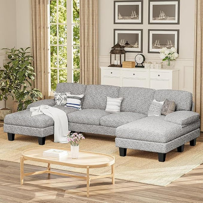 Furmax Sectional Couches for Living Room, U-Shaped Sofa Couch with Linen Fabric, 4 Seat Sofa Set with Double Chaise for Apartment (Loop Yarn, Pearl Gray)