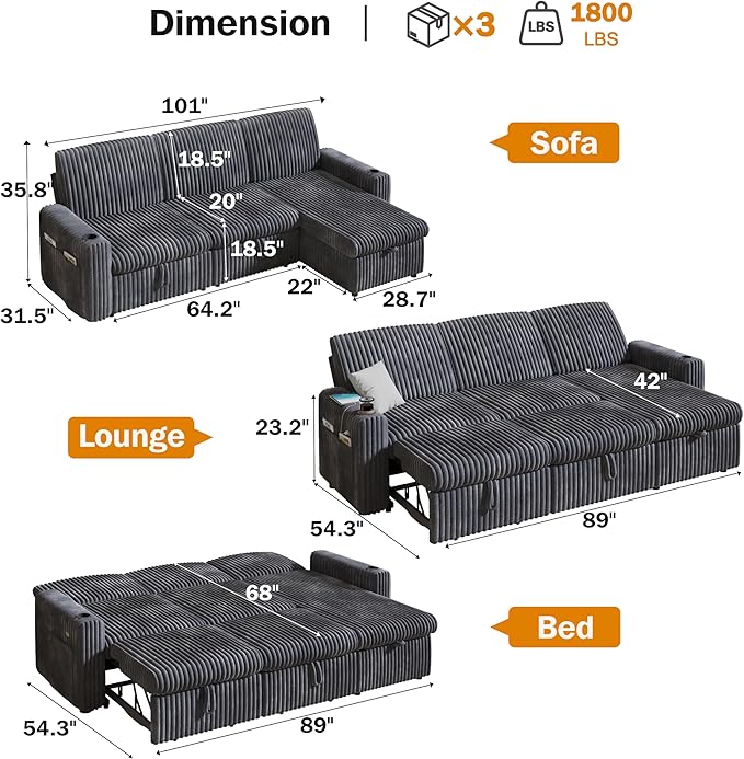 Vipbear 101" Sectional Sleeper Sofa with Pull Out Bed,5-Level Adjustable Backrest,3 Seat Modular Couch with Storage,Tool Free Assembly,USB & Cup Holders, Corduroy Sofa for Living Room, Dark Gray