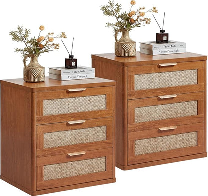 LEYAOYAO Rattan Night Stand with Drawers, 23" Large 3 Drawer Boho Nightstand, Natural Wood Bedside Table Storage Cabinet, Bed Side End Tables Dresser for Bedroom, Living Room, Hallway, Closet