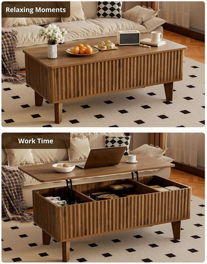 Rectangular Lift Top Coffee Table with Storage, Wood Fluted Modern Living Room Center Table for Home Office, Walnut