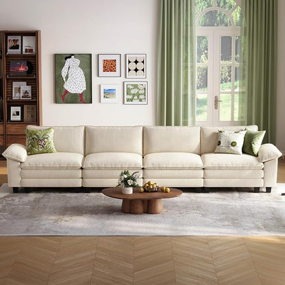 LINSY HOME 157'' Modular Sectional Sofa 4 Seat Couch Corduroy Cloud Couch with Deep Seat, Modern Cloud Couch for Living Room, Office, Bedroom, Beige