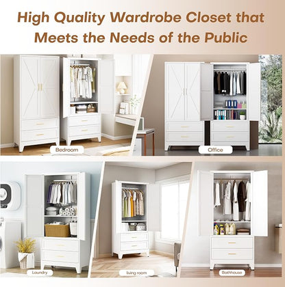 71" H Armoire Wardrobe Closet with 2 Drawers, Metal Wardrobe Closet with Doors and Adjustable Shelves, Wardrobe Cabinet with Hanging Rod, Closets for Bedroom, Laundry Room, White