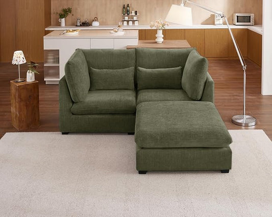 77" Oversized Chenille Couch Modular Sectional Sofa, Washable Cloud Couch Sectional with Ottoman, 3 Seater Sectional Couches for Living Room, Fully Cover Removable, L Shaped, Chenille, Green