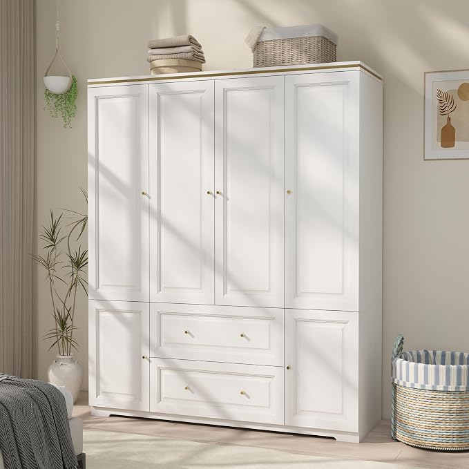 White Wardrobe with 2 Drawers: 74" Large Wardrobe Closet for Hanging Clothes, Tall Armoire Closet with 4 Doors, Bedroom Armoires with Hanging Rod (59")