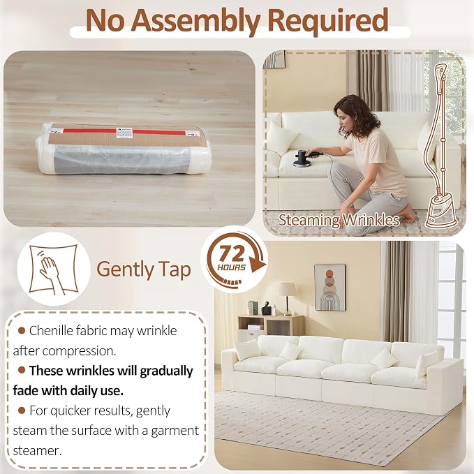 146''Cloud Boneless Sectional Couch, Modular Sectional Sofa Deep Seat, Oversized Upholstered Convertible Comfy 4 Seater Chenille Memory Foam Sofa Couches for Living Room, Beige