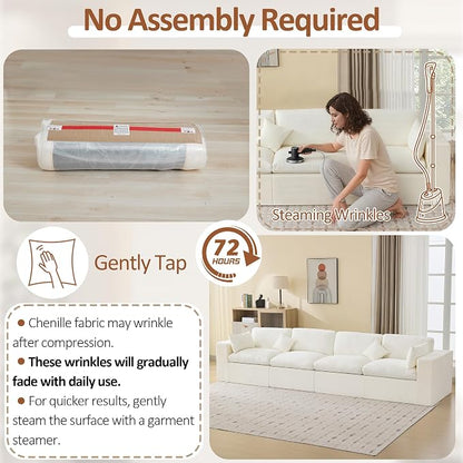 146''Cloud Boneless Sectional Couch, Modular Sectional Sofa Deep Seat, Oversized Upholstered Convertible Comfy 4 Seater Chenille Memory Foam Sofa Couches for Living Room, Beige