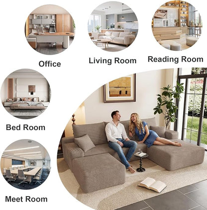 95" Cloud Sectional Couch U-Shaped Chaise with Ottoman, Corduroy Boneless Couch for Living Room Bedroom, Deep-Seat Upholstered Modular Cloud Sofa, No Assembly Required (Camel, Right Facing Chaise)