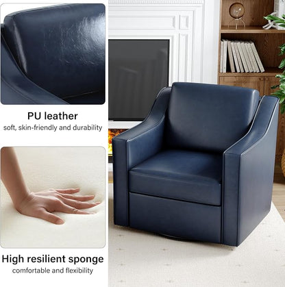 Swivel Accent Chair Set of 2, Modern Round Barrel Arm Chair for Living Room, Bedroom, Comfy Club Reading Chairs for Adults, Leather Navy Blue