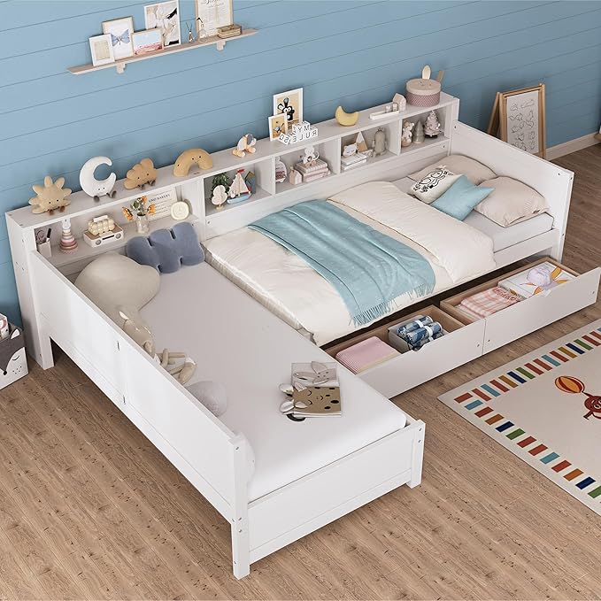 Bellemave L Shaped Corner Bed for 2 Kids, Double Twin Platform BedFrame with 3 Storage Drawers and Shelves, White
