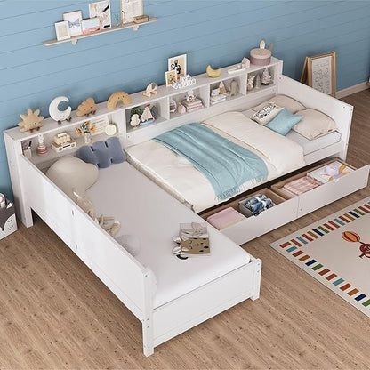 Bellemave L Shaped Corner Bed for 2 Kids, Double Twin Platform BedFrame with 3 Storage Drawers and Shelves, White