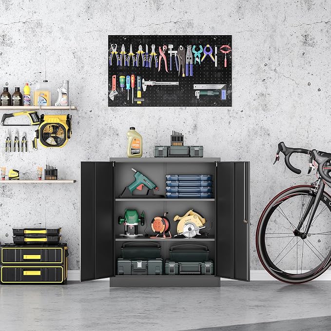 36" H Metal Storage Cabinet, Black Metal Cabinet with 2 Lockable Doors and 2 Adjustable Shelves, Garage Storage Cabinet for Home Office, Garage, School, Apartment, Warehouse