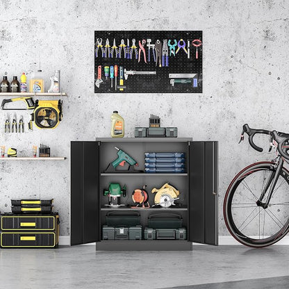 36" H Metal Storage Cabinet, Black Metal Cabinet with 2 Lockable Doors and 2 Adjustable Shelves, Garage Storage Cabinet for Home Office, Garage, School, Apartment, Warehouse