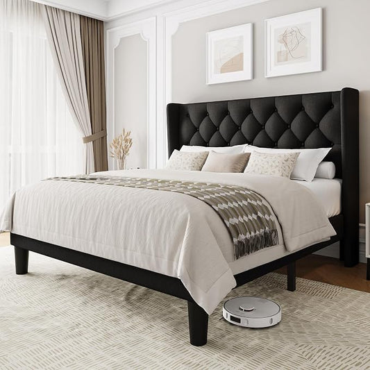 Einhomn Black Platform Bed Frame Full Size with Fabric Upholstered Wingback Headboard, 12" Under Bed Space, Wooden & Metal Slats Support, No Box Spring Needed