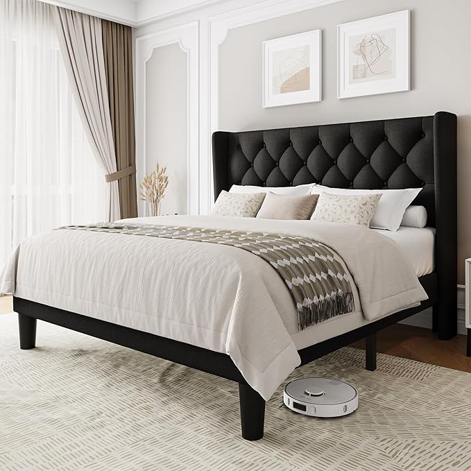 Einhomn Black Queen Size Platform Bed Frame with Fabric Upholstered Wingback Headboard, 12" Under Bed Space, Wooden & Metal Slats Support, No Box Spring Needed