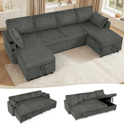 110" Corduroy U-Shape Sofa Bed with Adjustable Backrests, Upholstered Pull Out Sofa Bed with USB Ports, Convertible Sectional Sleeper Couch with Storage Chaise for Living Room, House, Grey
