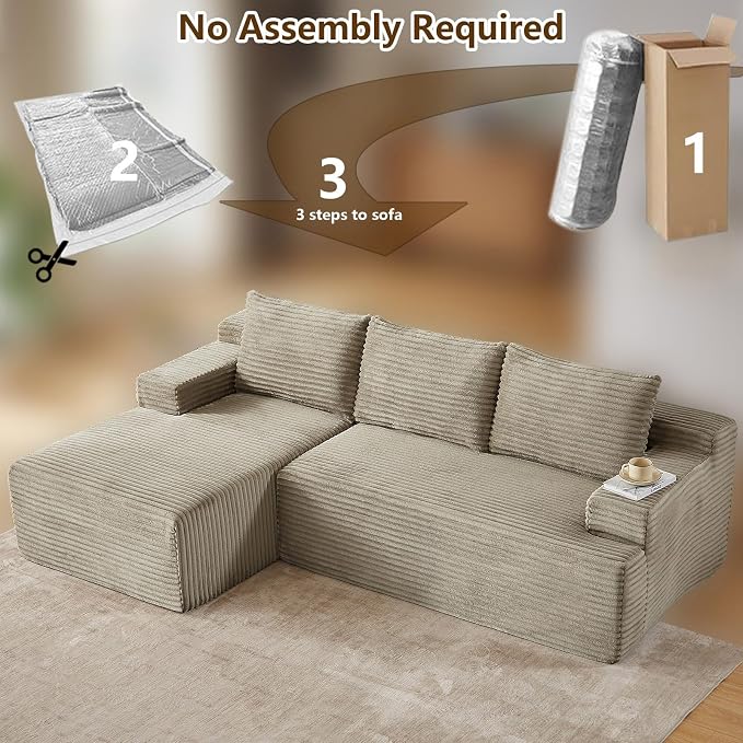 96.1" Modular Sectional Sofa Couches L-Shape Couch 3 Seat Modular Sofa Corduroy Memory Foam Sectional Boneless Couches for Living Room, Cloud Couch with Oversized Chaise(Camel, Left Facing)