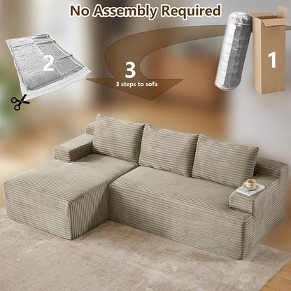 96.1" Modular Sectional Sofa Couches L-Shape Couch 3 Seat Modular Sofa Corduroy Memory Foam Sectional Boneless Couches for Living Room, Cloud Couch with Oversized Chaise(Camel, Left Facing)