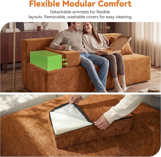 MONVANE 3-Piece Boneless Loveseat Couch Set for Living Room, Oversized Modular Sectional Sofa Set with Removable Armrests, Comfy Chenille Cloud Couch with 12 Pillows, No Assembly Required, Orange
