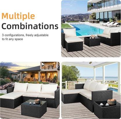 Shintenchi 4 Pieces Patio Furniture Set, 2-in-1 Convertible Sectional Sofa & Chaise Lounge, All-Weather Wicker Rattan Sofa Couch with Cushions & Coffee Table for Yard, Garden, Porch, Poolside (Beige)