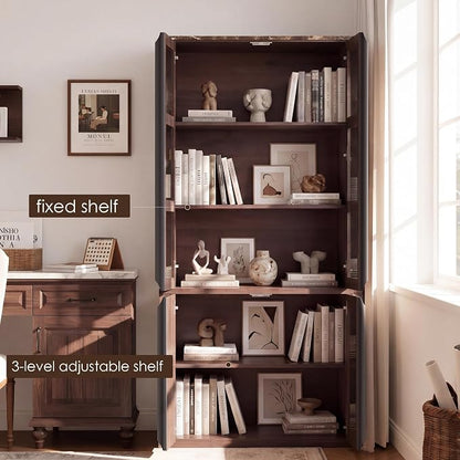 77" Tall Storage Cabinet - Fluted Pantry Cabinets with Glass Doors, Wooden Kitchen Food Cupboard, Adjustable Shelves, Modern Display Storage Closet for Living Room, Dining Room, Office, Brown 2pcs