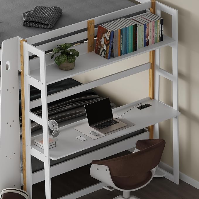 Kikihouse Wooden Twin Over Twin Bunk Bed with Desk, Charging Station and LED Lights, Convertible Solid Wood Frame with Ladders and Drawers, Sturdy Wood Bunk Bed for Kids, Space-Saving (Twin over Twin)