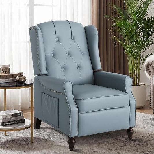 Wingback Recliner Chair with Massage and Heat, Tufted PU Leather Push Back Arm Chair for Living Room Vintage Recliner Chair with Remote Control, Padded Cushion, Backrest (Blue-PU)