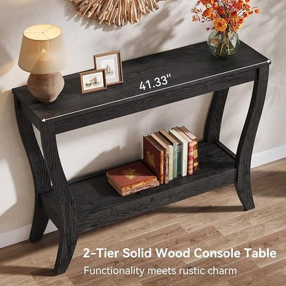Solid Wood Console Table with Storage, 41.3-Inch Farmhouse Entryway Table with Shelf, 2-Tier Wooden Sofa Table for Living Room, Hallway, Foyer (Black)