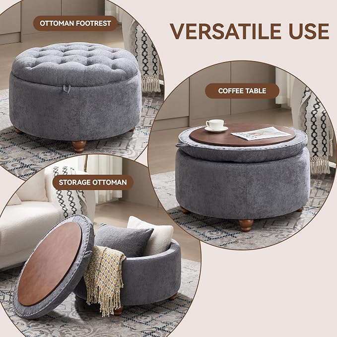 30Inch Round Storage Ottoman with Tray, Modern Tufted Circle Coffee Table with Storage, Upholstered Ottoman with Removable Top for Living Room, Bedroom, Chenille Blue