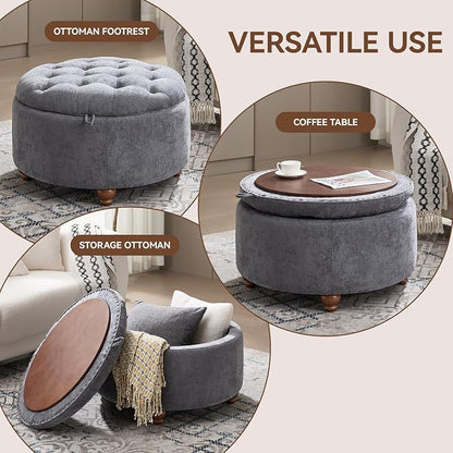 30Inch Round Storage Ottoman with Tray, Modern Tufted Circle Coffee Table with Storage, Upholstered Ottoman with Removable Top for Living Room, Bedroom, Chenille Blue