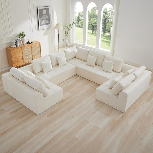 140''Modular Sectional Couches for Living Room, Cloud Boneless Compressed Sectional Sofa, Oversized U Shaped 9 Seater Upholstered Memory Foam Sofa, No Assembly, Chenille Beige