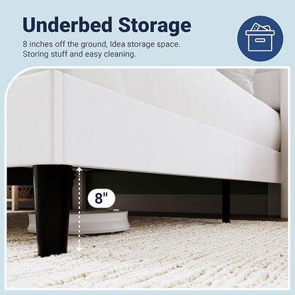 Allewie Full Size Platform Bed Frame with Charging Station & Storage Headboard, Upholstered Velvet Wingback Design & USB Port, Strong Wooden Slats Support, No Box Spring Needed, Easy Assembly, White