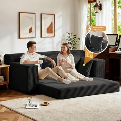 Convertible Sofa Bed, Pull Out 3 Seater Sleeper Sofa, 70" Black Boneless Couch Fold Out Floor Couch with 5 Pillows for Living Room Bedroom Lounge Small Space