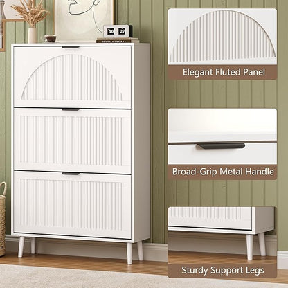 BORNOON Shoe Cabinet for Entryway with 3 Flip Drawers, Slim Wooden Shoe Storage Organizer with Modern Fluted Pannel，Freestanding Narrow Hidden Shoe Rack for Hallway, Foyer, Living Room