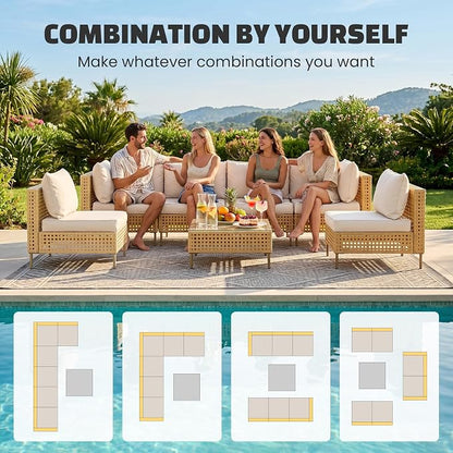 LHBcraft 7-Piece Wicker Outdoor Patio Furniture Set, Modular Rattan Outdoor Furniture, Patio Conversation Sets, Handmade Rattan, Water Resistant Fluffy Cushions and Coffee Table, Beige