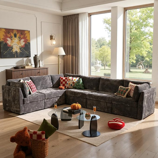 ovios Modular Sectional Sofa Couch with V-Shape Chaise Convertible, Comfy Plush Corduroy Cloud Couches, Modern Luxury Deep Seat Sofas Set for Living Room, 6-Seater, Grey