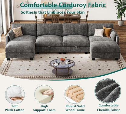 Modular Sectional U Shaped Sofa Couches for Living Room, Cloud Couch with Storage Ottoman, Comfy Chenille Sofa with Pillow, Dark Gray