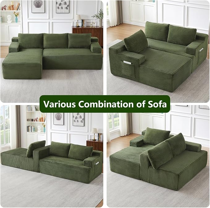 96" Modular Sectional Sofa, Modern Corduroy Cloud Couch, Boneless Couch Upholstered 3-Seater L-Shaped Sofa for Living Room, No Assembly Required (Green, Left-Facing Chaise)