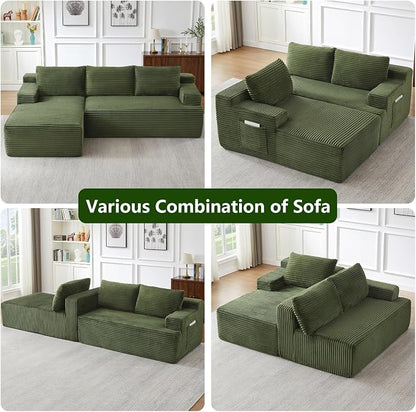 96" Modular Sectional Sofa, Modern Corduroy Cloud Couch, Boneless Couch Upholstered 3-Seater L-Shaped Sofa for Living Room, No Assembly Required (Green, Left-Facing Chaise)