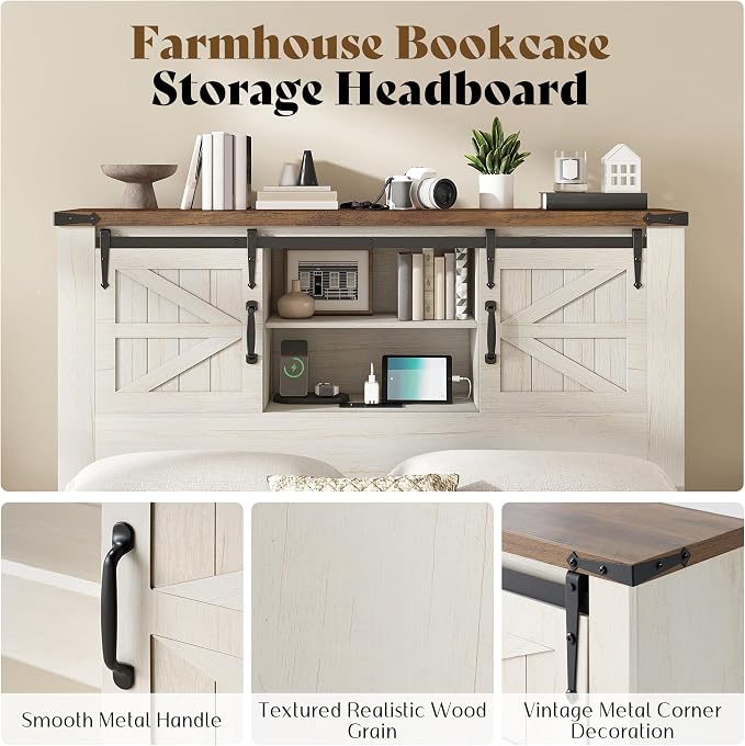 AMERLIFE 4-Piece Farmhouse Bedroom Set in Distressed White, Full Size Bed Frame with Bookcase Headboard, 5-Drawer Tall Dresser, 47'' Dresser with 4 Drawers, 60" Dresser with 4 Drawers