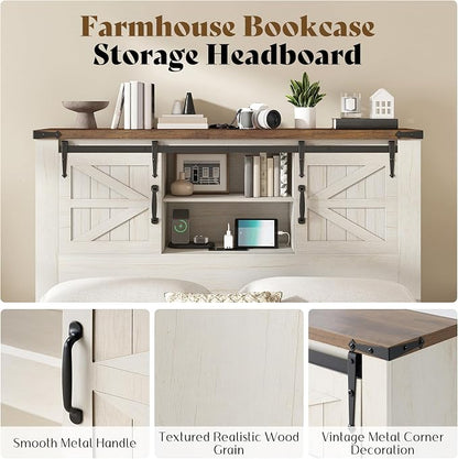 AMERLIFE 4-Piece Farmhouse Bedroom Set in Distressed White, Full Size Bed Frame with Bookcase Headboard, 5-Drawer Tall Dresser, 47'' Dresser with 4 Drawers, 60" Dresser with 4 Drawers