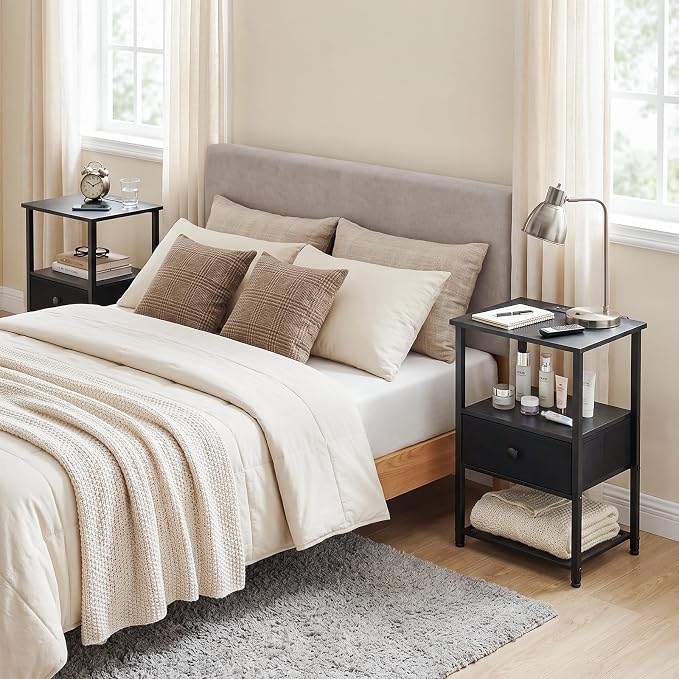 LOAKEKEL Nightstands Set of 2 with Charging Station, Night Stand with Fabric Drawer, End Tables Living Room with Storage Shelf for Small Spaces, Bed Side Tables for Bedroom, Black, HETS010BK