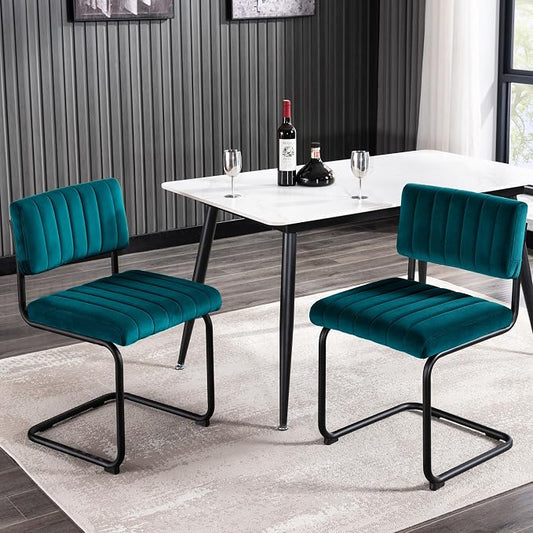ONEVOG Modern Luxury Dining Room Chairs Set of 2, Teal Velvet Upholstered Kitchen Chairs, Heavy Duty Contemporary Armless Dining Chair with Comfy Seat & Black Metal Legs, Cantilevered Design