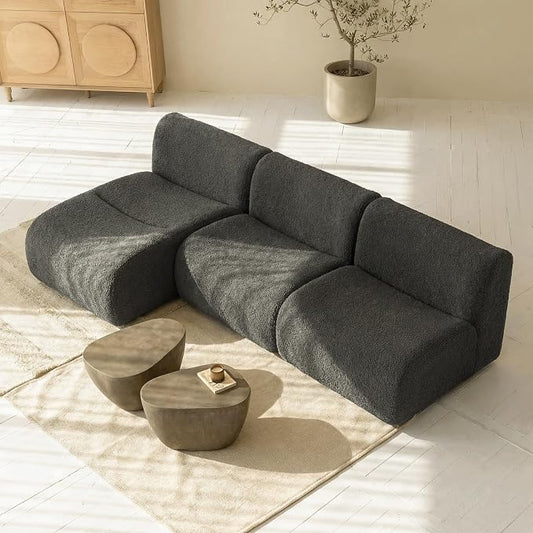 102" Curved Sectional Couch with Chaise Lounge, 3-Seat Reversible L-Shaped Sofa, Deep Seat Sherpa Boneless Modular Couches, Modern Curved Sofas for Living Room – No Assembly, Grey