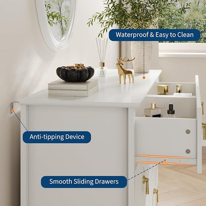 GarveeHome Fluted Dresser for Bedroom, 47.2 Inch Wide 6-Drawer Wood Dresser, Modern Chest of Drawers, Storage Organizer Cabinet for Living Room, Hallway, Entryway, White